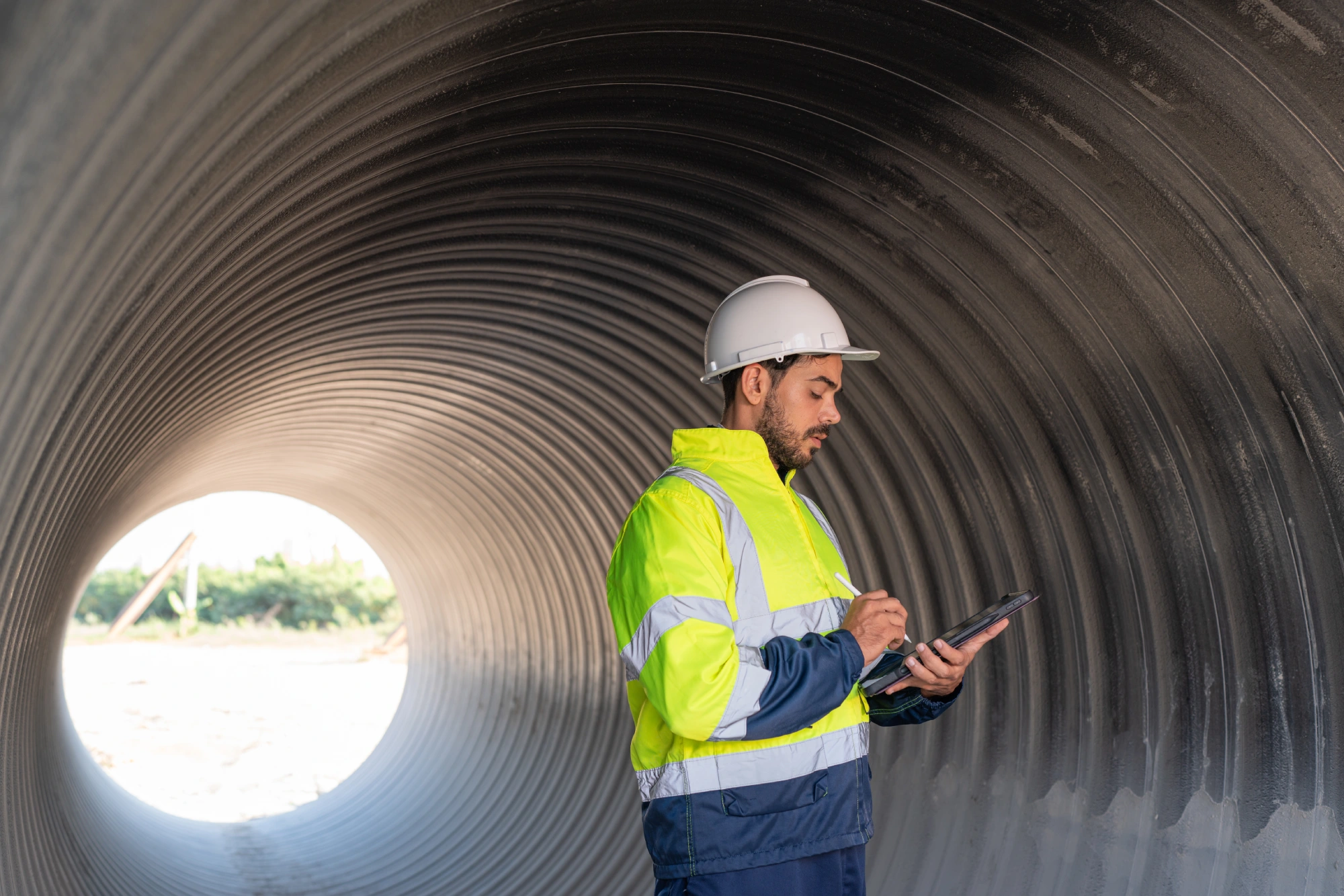 Mann in Sicherheitskleidung mit Tablet